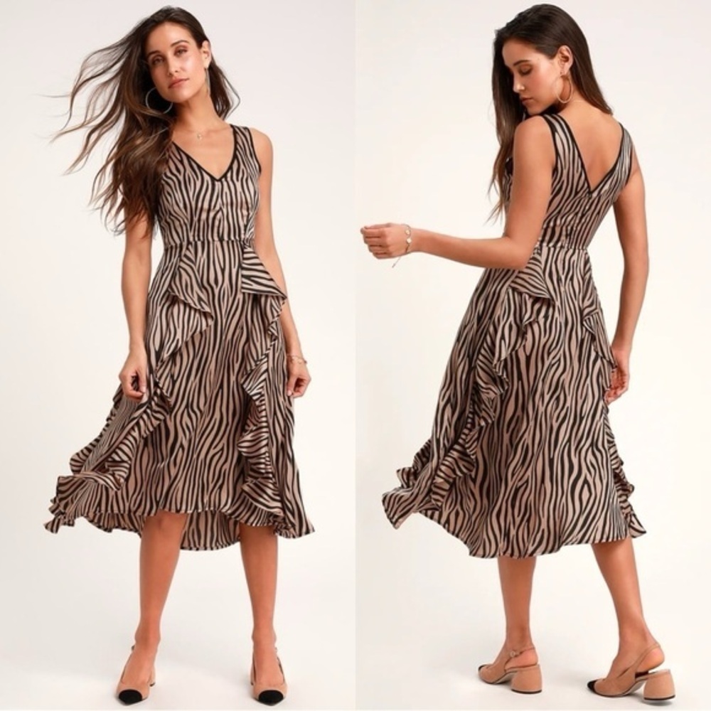 Lulus Tiger Stripe Satin Midi Dress – Sleeveless V-Neck, Size Small, NWT